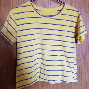 Yellow t-shirt with pink/blue/turquoise stripes